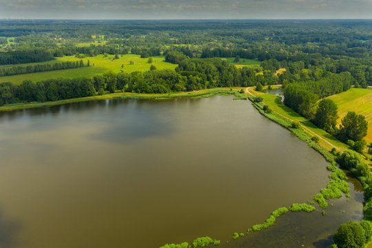 Luftbild eines Sees im Spreewald