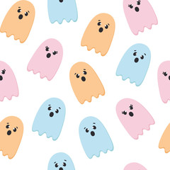 Halloween Seamless Pattern of Flying Ghosts. Cute Nursery room wallpaper, kids background, card. Pastel colors scared Cartoon character isolated on white. Printable flat style
