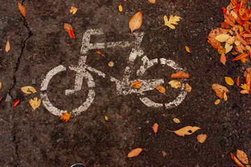 White painted bicycle sign on asphalt strewn with colorful foliage in autumn