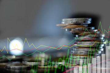 Double exposure of graph, Double exposure of graph and rows of coins for finance and business concept, Businessman plan growth.