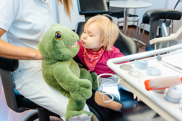 Child at the dentist brushing teeth of a plush toy