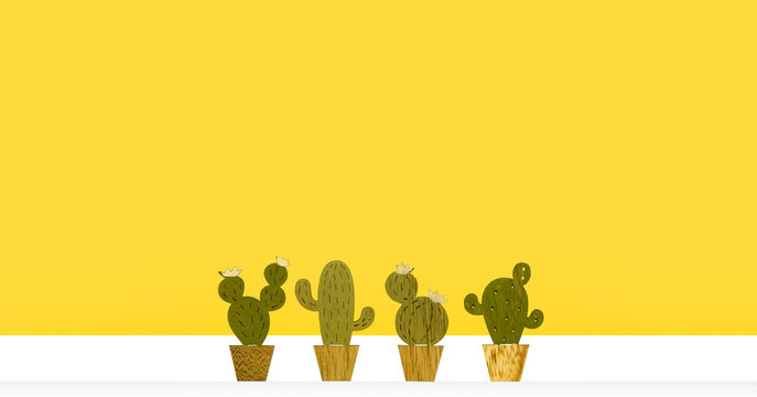 Mexican small cactus with yellow background, ideal for gift cards, baners or backgrounds