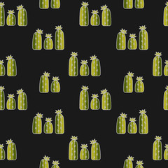 Hand drawing vector seamless pattern with cactus on black background .