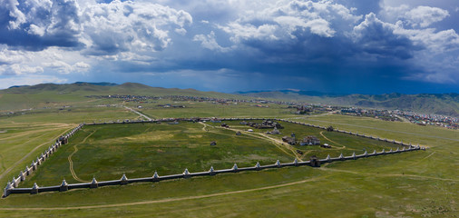 Aerial panorama view of the Kharkhorin Erdene Zuu Monastery .in Kharkhorin (Karakorum), Mongolia....