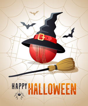 Happy Halloween. Sports greeting card. Cricket ball with witches hat and broom on the background of the cricket pitch as a spiders web. Vector illustration.