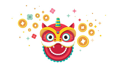 Happy Chinese new year design 2020. Dancing dragon, flowers and money elements. Vector illustration and banner concept in flat style