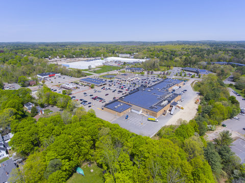 Aerial View Of Millis Common Shopping Area And Main Street In Spring, Millis, Boston Metro West Area, Massachusetts, MA, USA.