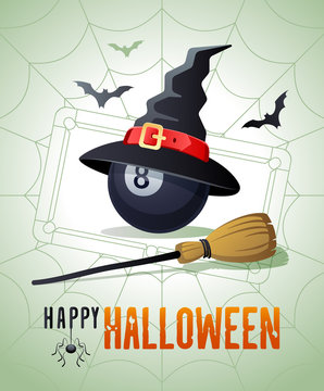 Happy Halloween. Sports greeting card. Billiard ball with witches hat and broom on the background of the billiard pool table as a spiders web. Vector illustration.