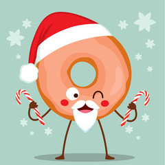 Cute doughnut character with Christmas Santa Claus hat and glazed icing holding candy canes
