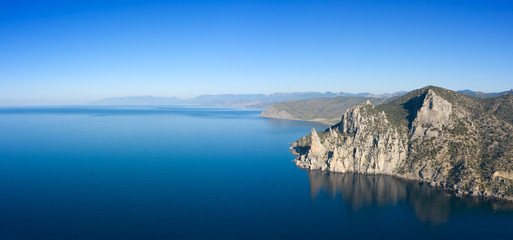Aerial view of beautiful mountain rocks and sea landscape in Crimea