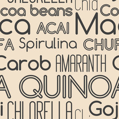 Seamless typography pattern. Superfood printed outlined and bold.