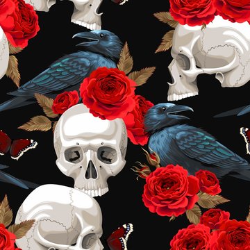 Seamless pattern with raven and human skull