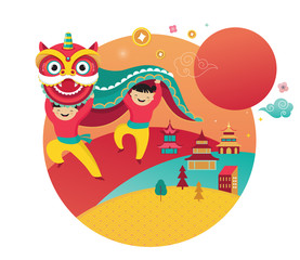Happy Chinese new year design 2020. Dancing dragon, flowers and money elements. Vector illustration and banner concept in flat style