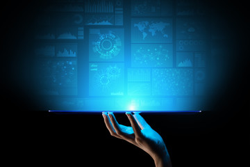 Applications icons on virtual screen, technology, development background concept.