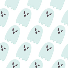 Obraz premium Halloween Seamless Pattern of Flying Ghosts. Cute Nursery room wallpaper, kids background, card. Pastel colors scared Cartoon character isolated on white. Printable flat style