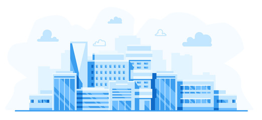 City landscape. Cityscape with buildings. Simple blue background. Urban silhouette. Line art. Beautiful template. Modern city with layers. Flat style vector illustration.