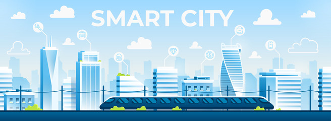 Obraz premium Seamless city landscape. Cityscape with buildings. Urban silhouette. Beautiful background template. Modern smart city with layers. Cartoon design. Flat style vector illustration.