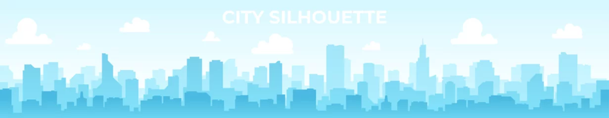 Foto op Canvas Naadloos silhouet van de stad. Stadsgezicht met gebouwen. Eenvoudige blauwe achtergrond. Stedelijk landschap. Mooie sjabloon. Moderne stad met lagen. Vlakke stijl vectorillustratie. © Ihor