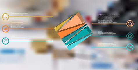 3D illustration infographic template with embossed cube randomly divided to six parts askew arranged