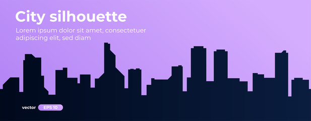 Fototapeta premium Seamless silhouette of the city. Cityscape with buildings. Simple purple background. Urban landscape. Beautiful template. Modern city with layers. Flat style vector illustration.
