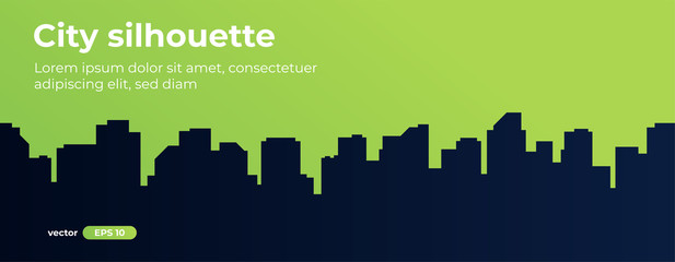 Obraz premium Seamless silhouette of the city. Cityscape with buildings. Simple green background. Urban landscape. Beautiful template. Modern city with layers. Flat style vector illustration.