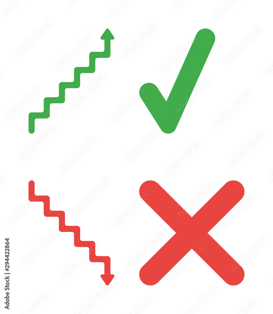 Poster vector icon set of arrow stairs moving up and mocing down with check mark and x mark.