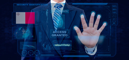 Finger Print Biometric Scanning Identification System. Businessman scan fingerprint biometric identity and approval. Malta Nationality