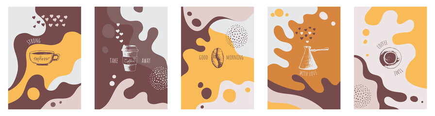 Abstract creative set with coffee backgrounds  copy space for text and coffee hand draw icons. Vector concept for coffee shop and house, cafe. Simple, stylish template for social media.