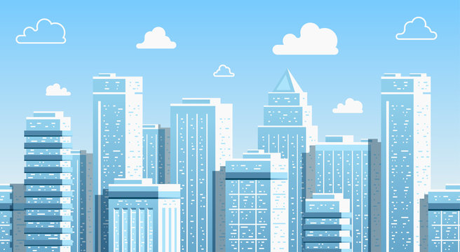 Seamless city landscape. Cityscape with buildings. Urban silhouette. Beautiful background template. Modern smart city with layers. Cartoon design. Flat style vector illustration.