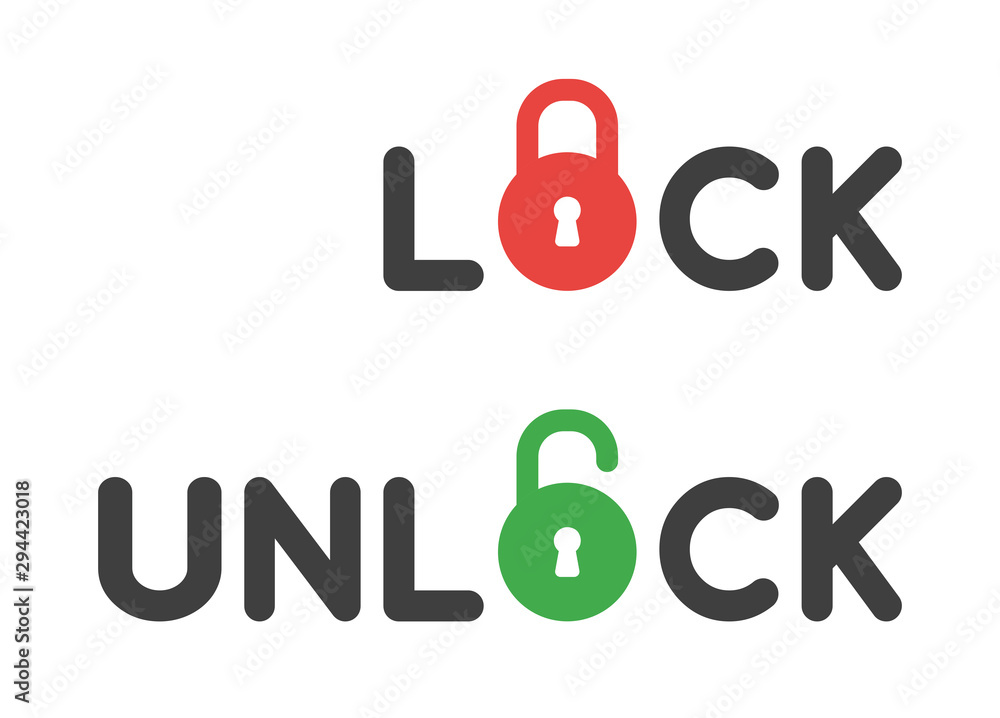 Poster vector icon set of lock and unlock texts with closed and opened padlocks.