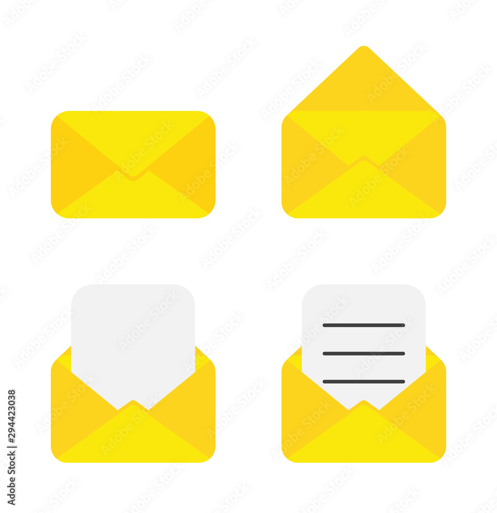 Poster vector icon set of envelope. closed, opened, empty and with blank and written papers.