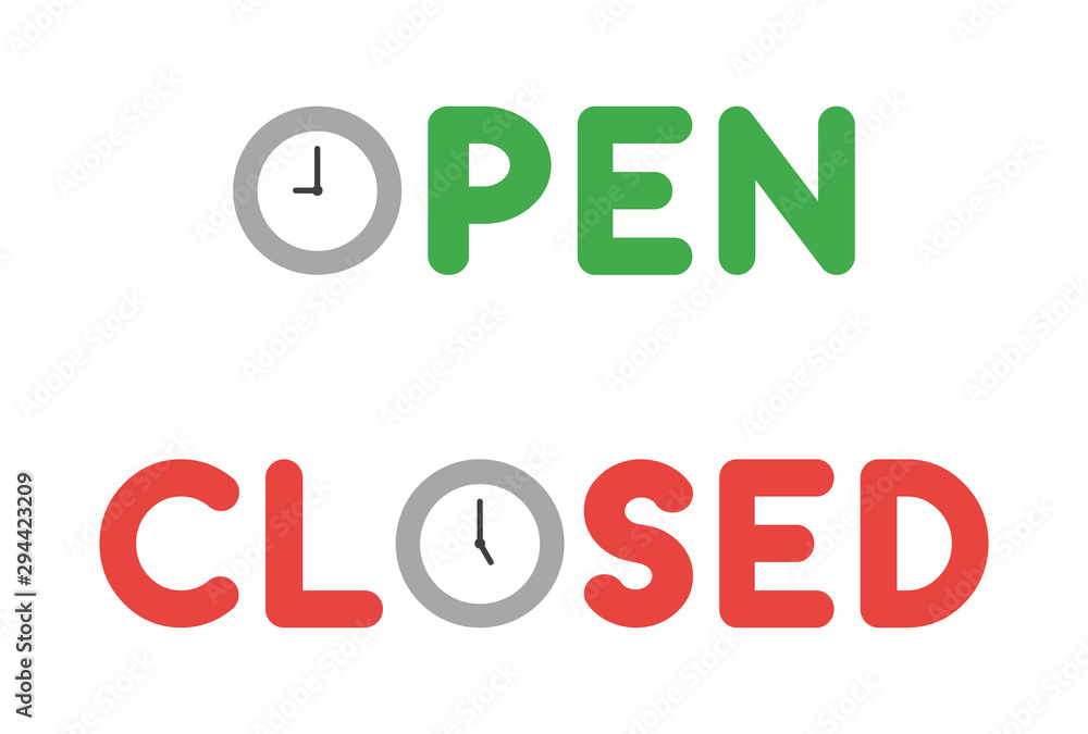 Poster vector icon set of open and closed texts with clock.