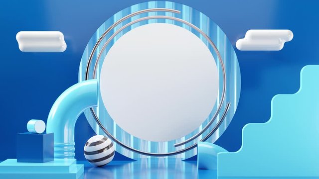 3d abstract blue background accent. Illustration 3d rendering graphic design and white circle text copy space with Colorful tube, ball sphere, cloud in minimal styles.