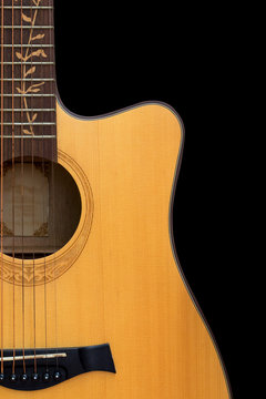 Detail of the acoustic guitar neck on a white background