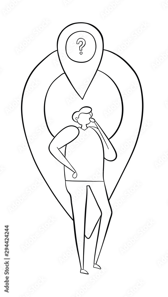 Aufkleber the man is in front of the map pointer and thinks where he is. vector illustration.