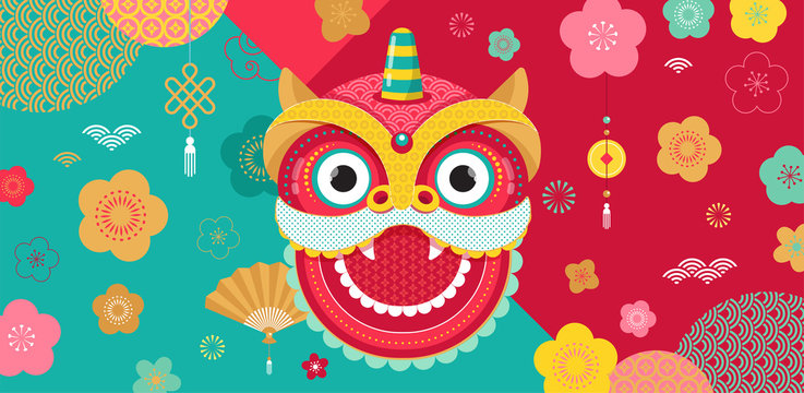 Happy Chinese new year design 2020. Dancing dragon, flowers and money elements. Vector illustration and banner concept in flat style