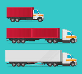 Lorry or cargo truck and delivery automobiles or vehicle with container boxes vector set, flat cartoon freight industry transport, large courier cars and big wagon vans for shipping isolated clipart © vladwel