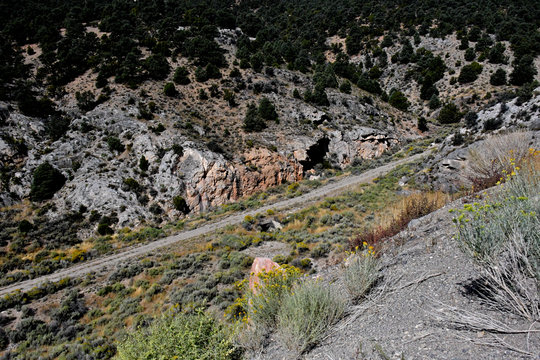 View down to Abandoned very narrow two lane road from bygone era, precursor to US Interstate Highway 50, Confusion Range, Utah