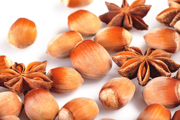 Composition from hazelnut and star anise spice - autumn bright background
