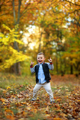 Rapturous and happy child boy stands in autumn forest.