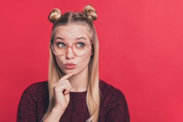 Closeup photo of pretty lady counting at math lesson using theorem hold finger on chin wear specs...