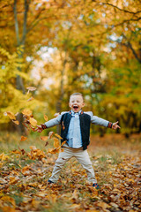 Rapturous and happy child boy stands in autumn forest.