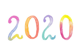 Colorful 2020 new year - rainbow colors watercolor painting with numbers isolated on white background