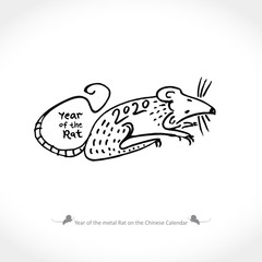 Year of the Rat 2020 on the Chinese Calendar. Line art Rat and the inscription. Vector Illustration.