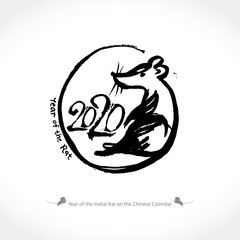Round stamp logo Wild Rat 2020. Handwritten template with the inscription 2020 and Rat. Imitation of painting with brush and ink. New Year on the Chinese calendar.
