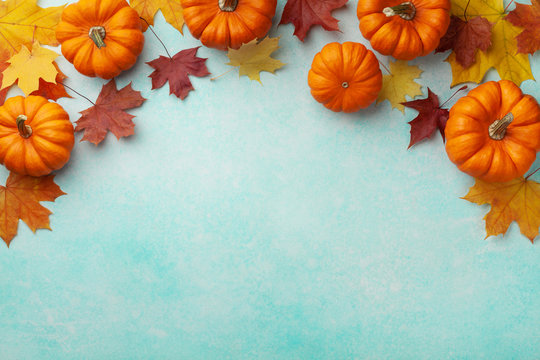 Autumn Thanksgiving background. Pumpkins and maple leaves on turquoise table top view.