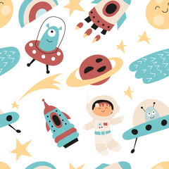 Naadloos patroon met schattige ruimtekarakters - ruimtevaarder, alien, raket in Scandinavische stijl. Vectorillustratie. Kinderposter voor kinderkamerontwerp. Geweldig voor babykleding, wenskaarten, inpakpapier.
