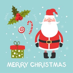 Cute card with santa claus, gift, sweets, mistletoe and lettering merry christmas. Vector illustration.