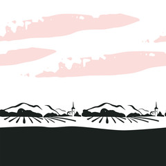 Fototapeta premium Vector seamless pattern with hand drawn vineyard landscape on white background. For packaging design, advertisement background, banners, tags, stickers, posters, decor etc.