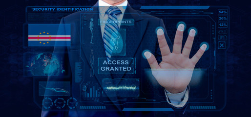 Finger Print Biometric Scanning Identification System. Businessman scan fingerprint biometric identity and approval. Cape Verde Nationality